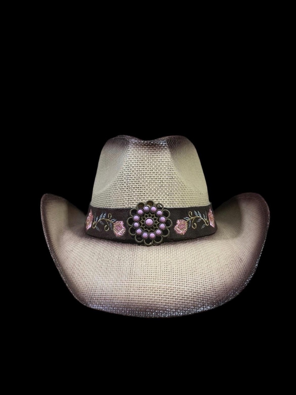Women’s Straw Cowboy Hat with Embroidered Band and Pink Accent